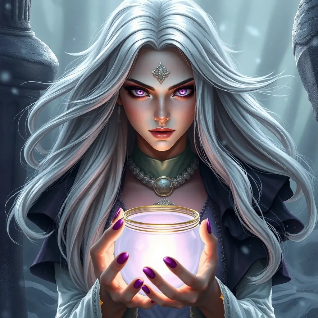 a mysterious sorceress with long silver hair and piercing violet eyes, holding a glowing orb in her hands, Highly Detailed, Half Body, Gorgeous, Stunning, Elegant by Stanley Artgerm Lau