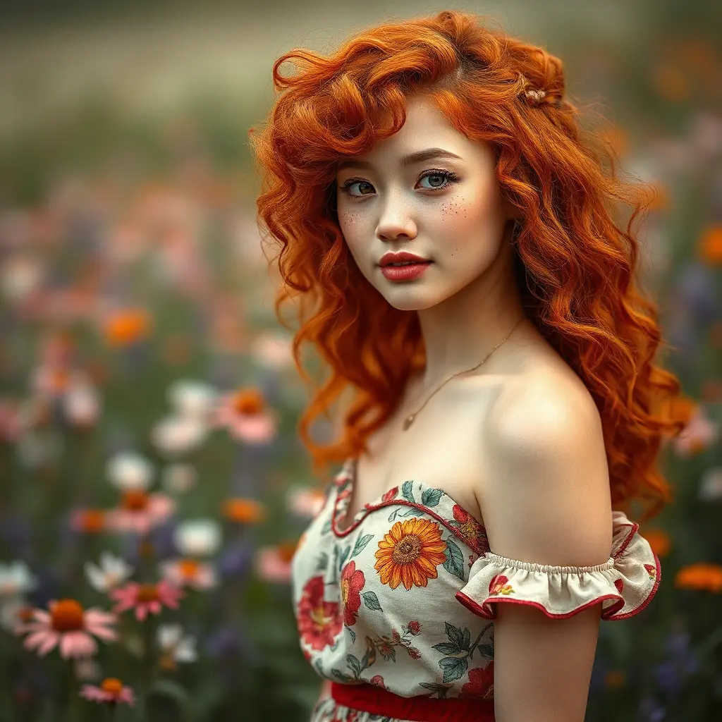 A vibrant woman with a cascade of fiery red curls, freckles, and a bohemian dress with floral patterns, amidst a field of blooming wildflowers at the peak of spring, Highly Detailed, Half Body, Gorgeous, Stunning, Elegant by Stanley Artgerm Lau