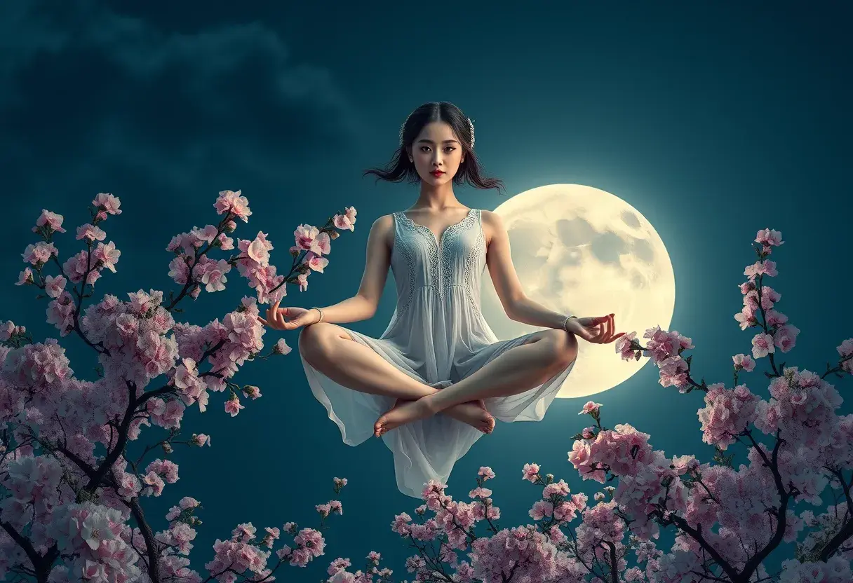 A surreal scene featuring a woman with almond-shaped eyes and porcelain skin, floating gracefully in a lotus position above blooming cherry blossom trees under a full moon, Highly Detailed, Intricate, Half Body, Realistic