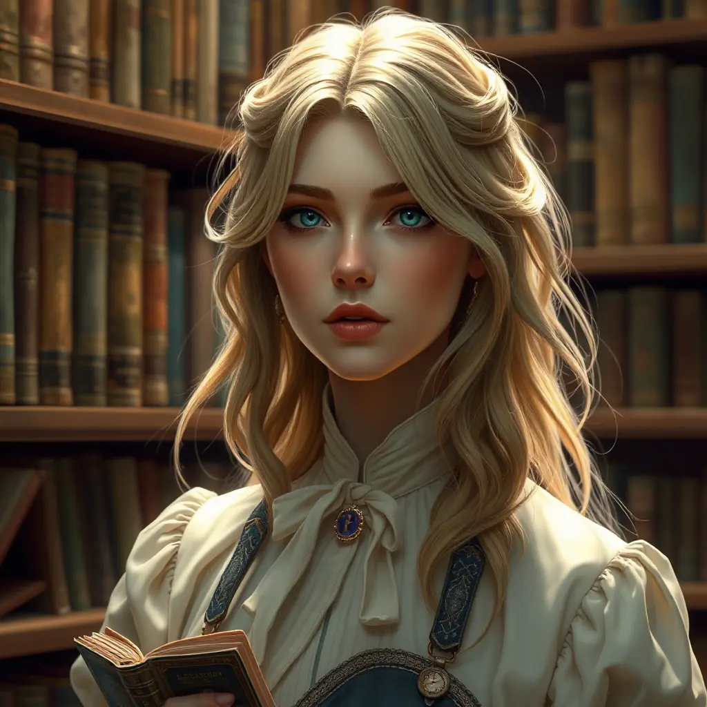 A kind and gentle librarian with a quiet introspection and soft, flaxen hair, surrounded by the musty scent and worn pages of ancient tomes, Highly Detailed, Half Body, Gorgeous, Stunning, Elegant by Stanley Artgerm Lau