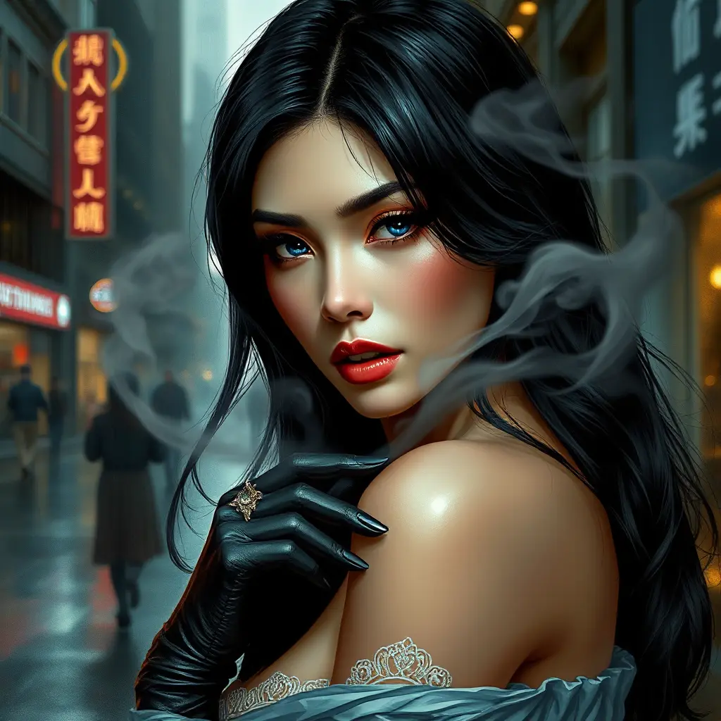 A mysterious and alluring femme fatale with piercing sapphire eyes and raven-black hair, shrouded in smoke and shadows on a rain-soaked city street, Highly Detailed, Half Body, Gorgeous, Stunning, Elegant by Stanley Artgerm Lau