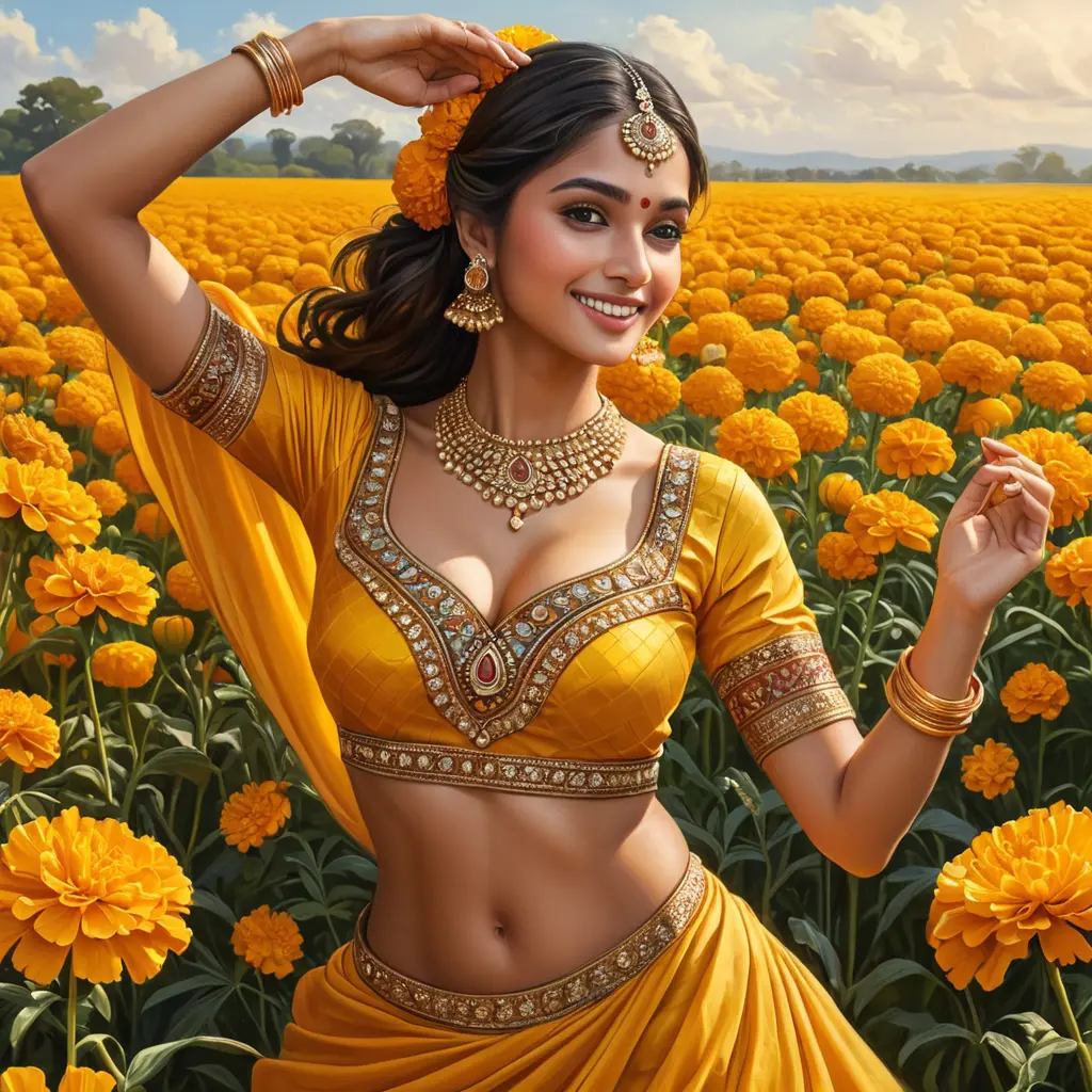 A radiant woman in traditional Indian attire, dancing in a field of marigolds, Highly Detailed, Half Body, Gorgeous, Stunning, Elegant by Stanley Artgerm Lau