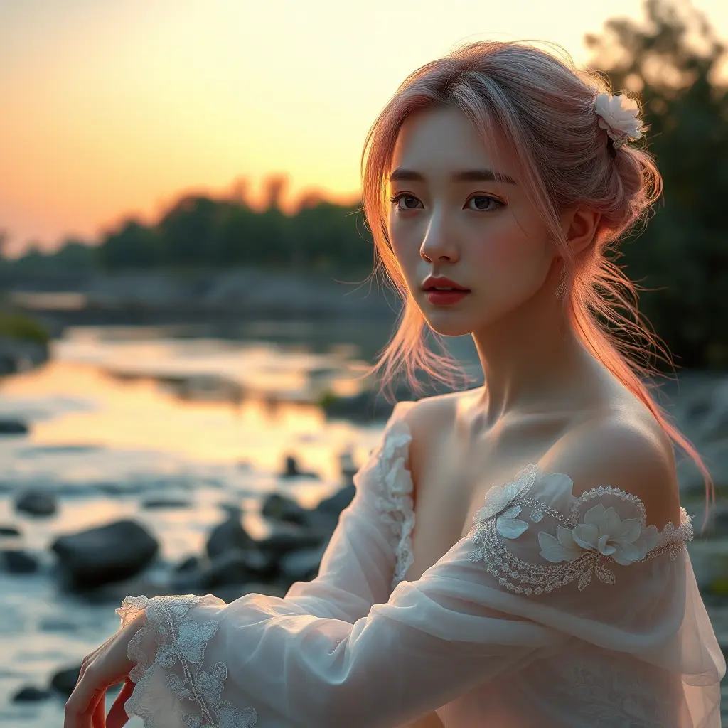 A delicate woman with a tranquil gaze and soft pink hair, seated beside a gently flowing river at dusk, Highly Detailed, Half Body, Gorgeous, Stunning, Elegant by Stanley Artgerm Lau