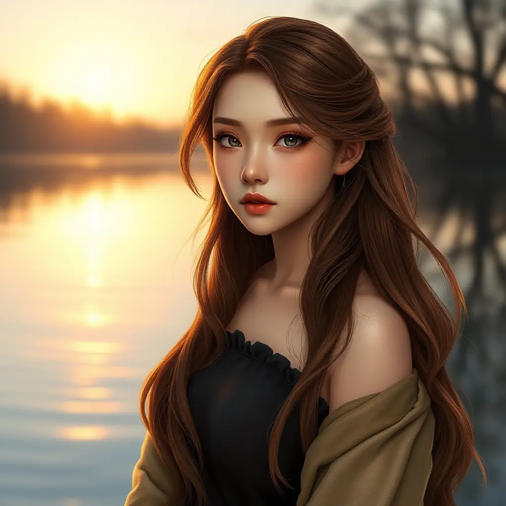 A serene beauty with almond-shaped eyes and flowing chestnut hair, standing by a tranquil lake at dawn, Highly Detailed, Half Body, Gorgeous, Stunning, Elegant by Stanley Artgerm Lau