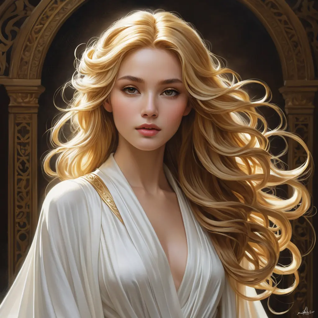 a timeless goddess with cascading golden hair and a serene expression, draped in flowing white robes, Highly Detailed, Half Body, Gorgeous, Stunning, Elegant by Stanley Artgerm Lau