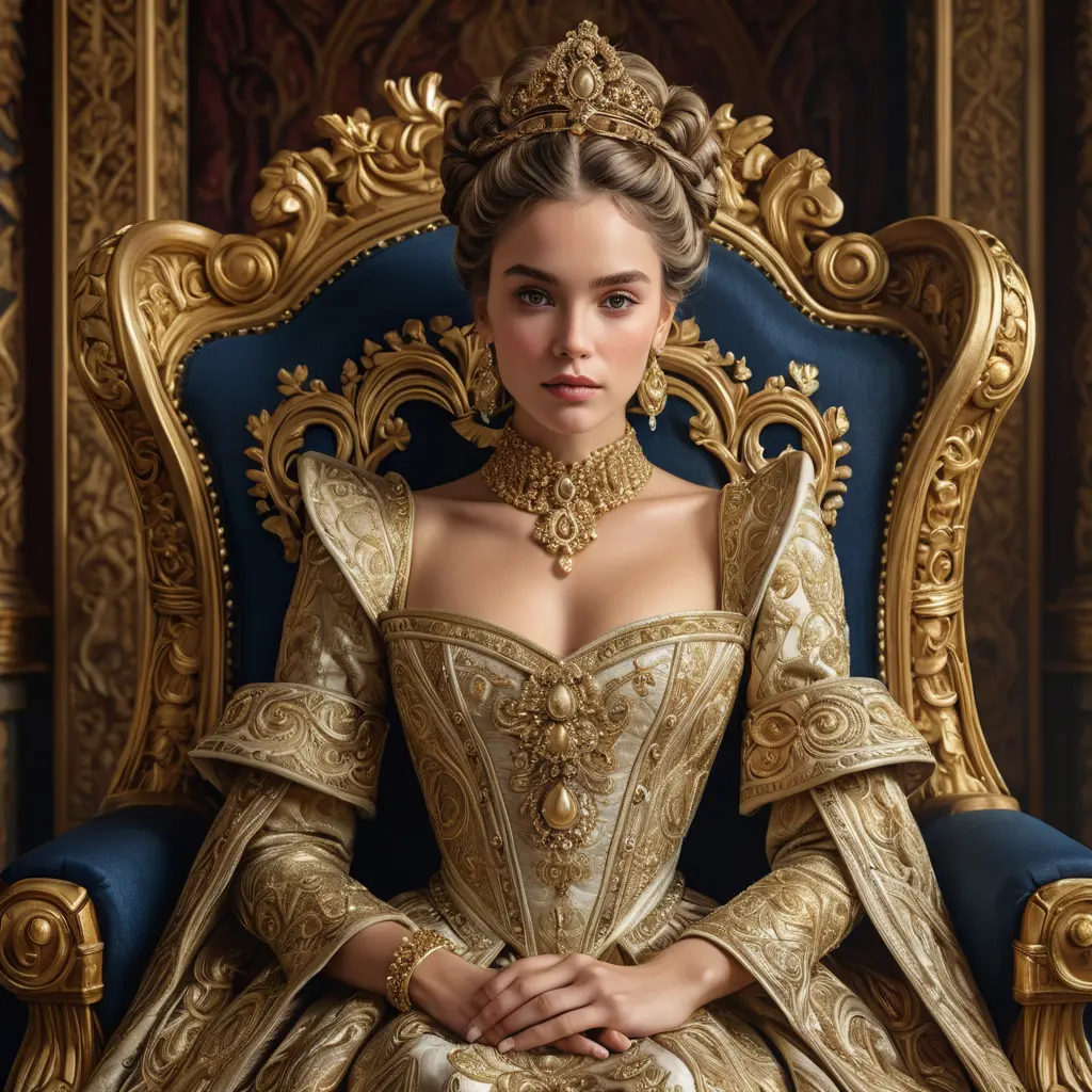 A regal woman with braided updo, wearing an elaborate gown fit for a queen, with gold filigree and rich, deep satin textures, in a grand throne room adorned with tapestries, Highly Detailed, Half Body, Gorgeous, Stunning, Elegant by Stanley Artgerm Lau