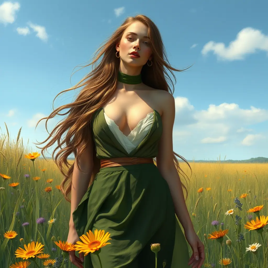 a beautiful woman with flowing hair, standing in a field of wildflowers, Highly Detailed, Half Body, Gorgeous, Stunning, Elegant by Stanley Artgerm Lau