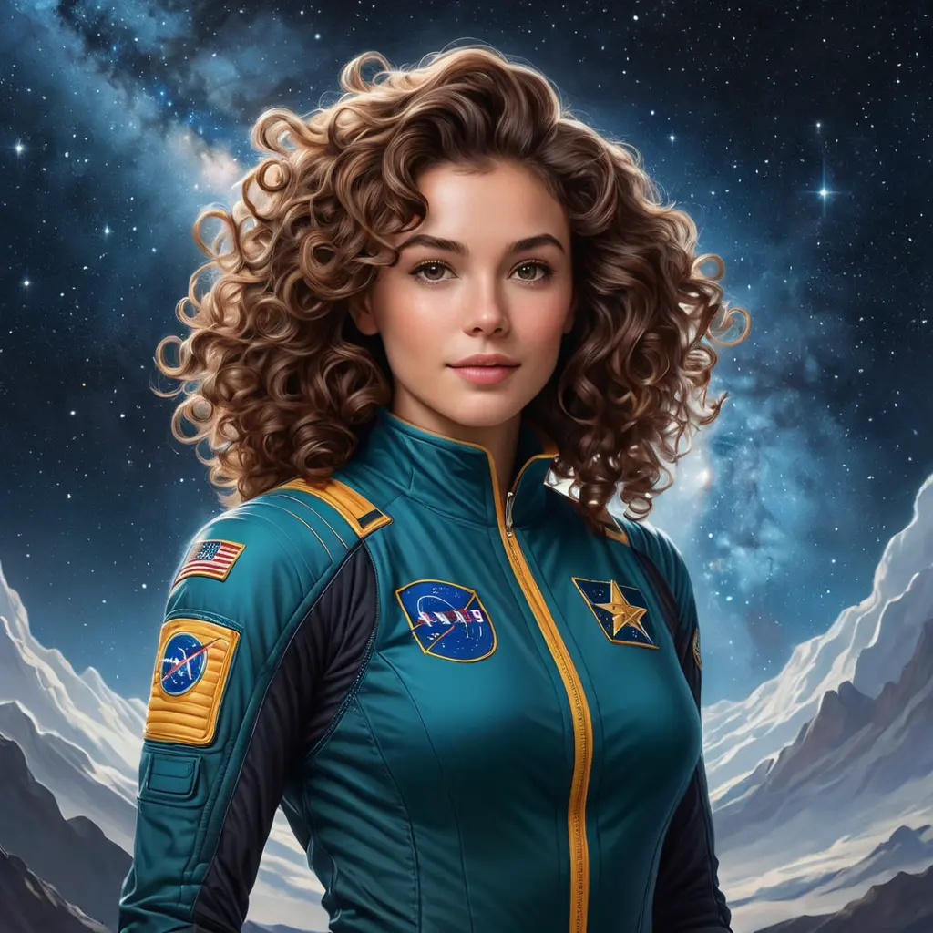 A brilliant and adventurous astrophysicist with an infectious enthusiasm and wild, curly brown hair, set against the breathtaking backdrop of a starry galaxy, Highly Detailed, Half Body, Gorgeous, Stunning, Elegant by Stanley Artgerm Lau