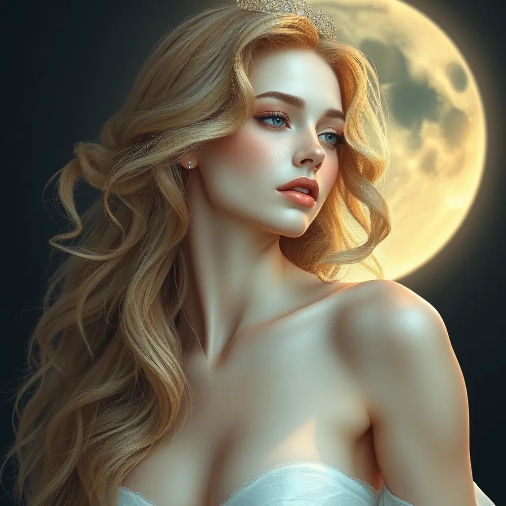 An ethereal woman with porcelain skin and cascading golden locks, illuminated by the soft glow of a full moon, Highly Detailed, Half Body, Gorgeous, Stunning, Elegant by Stanley Artgerm Lau