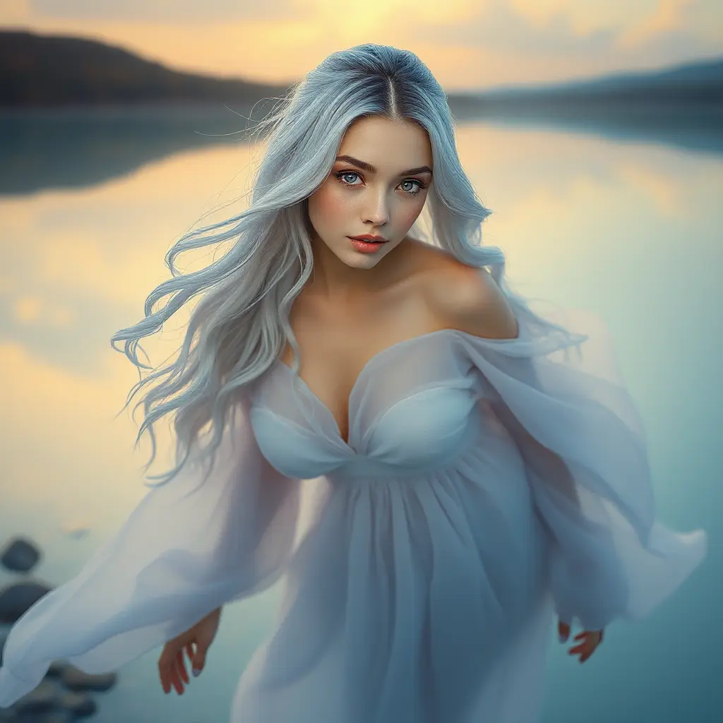 An ethereal woman with silver-white hair, soft violet eyes, and an airy chiffon dress, floating gracefully above a tranquil, mirror-like lake at twilight, Highly Detailed, Half Body, Gorgeous, Stunning, Elegant by Stanley Artgerm Lau