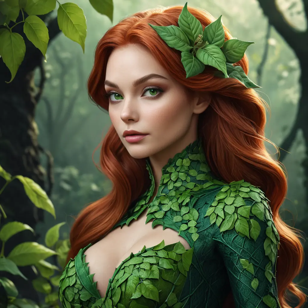 Alluring matte portrait of Poison Ivy in the style of Stefan Kostic, 8k, Highly Detailed, Intricate, Half Body, Matte Painting, Realistic, Sharp Focus, Fantasy by Greg Rutkowski