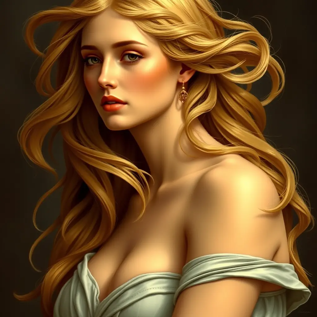 A beautiful woman inspired by the style of Botticelli's 'The Birth of Venus', with golden skin and flowing blonde hair, Highly Detailed, Half Body, Gorgeous, Stunning, Elegant