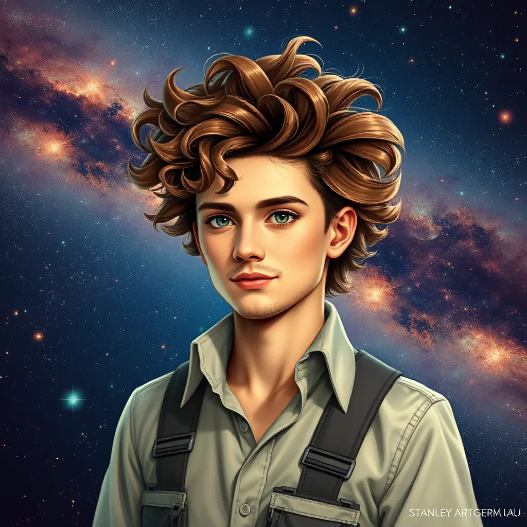 A brilliant and adventurous astrophysicist with an infectious enthusiasm and wild, curly brown hair, set against the breathtaking backdrop of a starry galaxy, Highly Detailed, Half Body, Gorgeous, Stunning, Elegant by Stanley Artgerm Lau