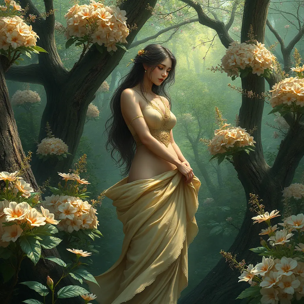 A serene goddess of nature, immersed in a lush, blooming forest, Highly Detailed, Half Body, Gorgeous, Stunning, Elegant by Stanley Artgerm Lau