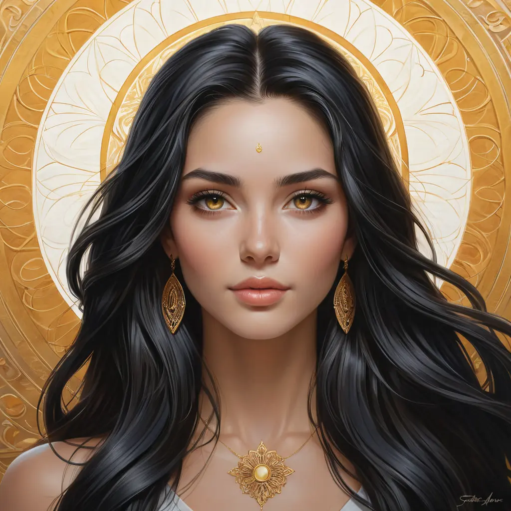 A divinely beautiful woman with long, black hair, piercing amber eyes, and a serene expression, radiating peace and tranquility, Highly Detailed, Half Body, Gorgeous, Stunning, Elegant by Stanley Artgerm Lau