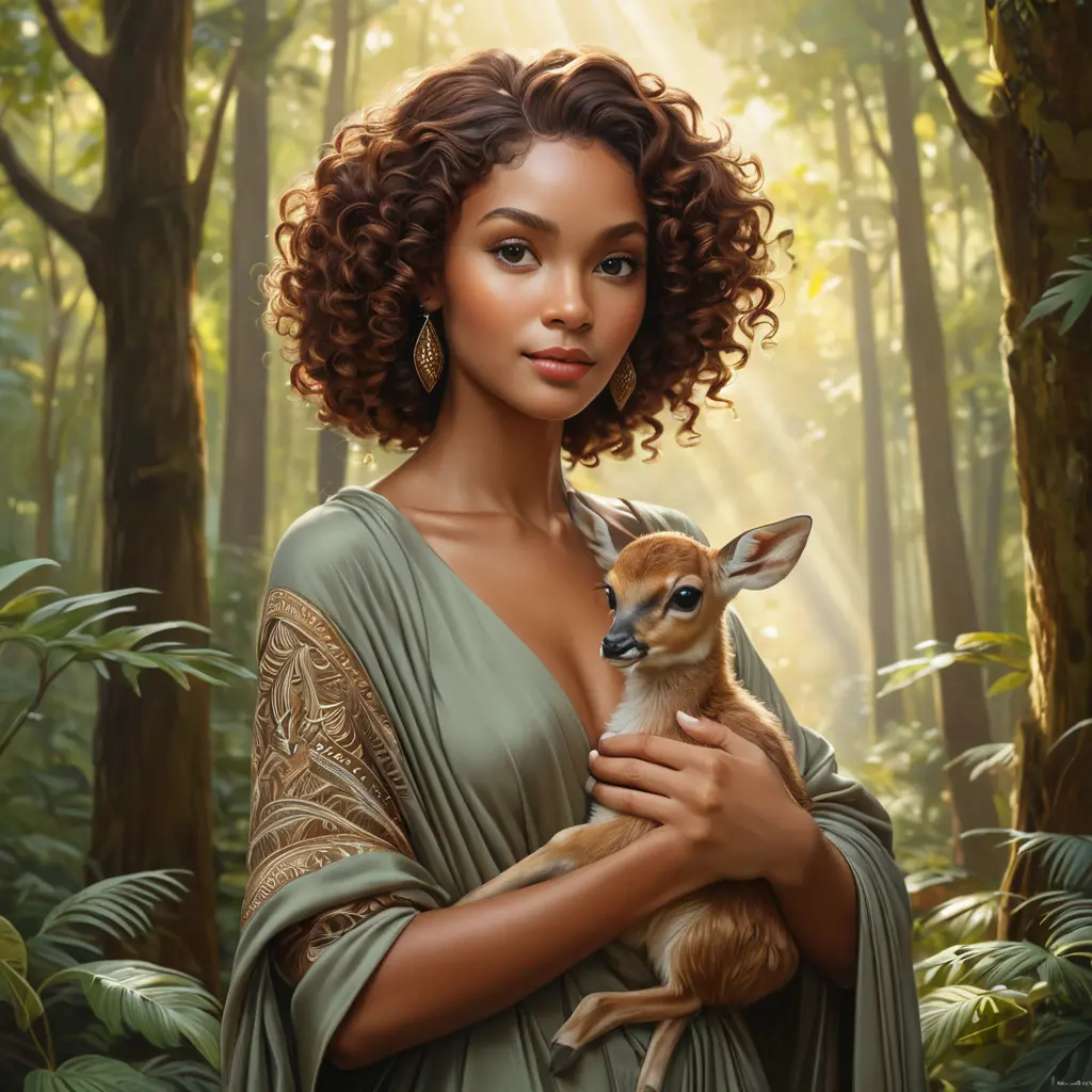 A captivating vision of a woman with warm brown skin and mahogany curls, cradling a small fawn in her arms while surrounded by a lush, sunlit forest, dressed in simple yet elegant earth-toned garments., Highly Detailed, Half Body, Gorgeous, Stunning, Elegant by Stanley Artgerm Lau