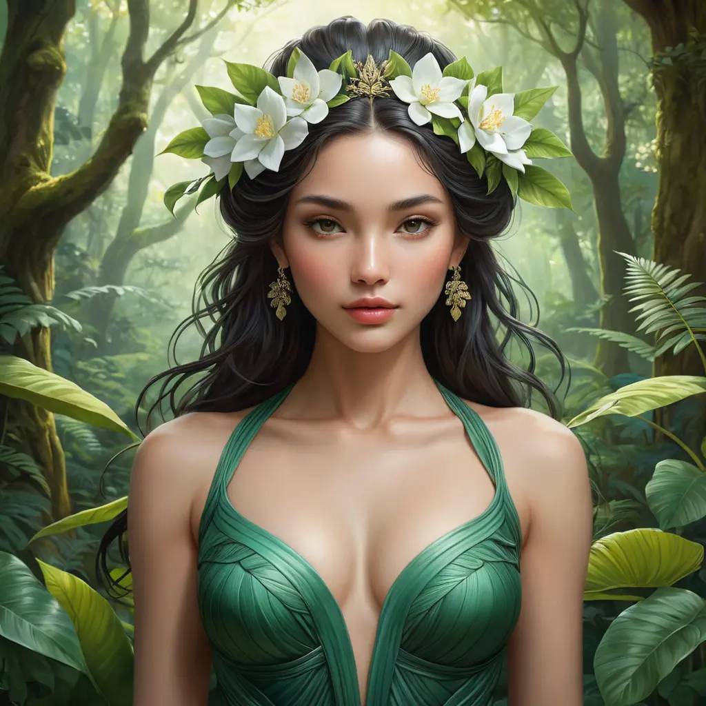 A serene goddess of nature, immersed in a lush, blooming forest, Highly Detailed, Half Body, Gorgeous, Stunning, Elegant by Stanley Artgerm Lau