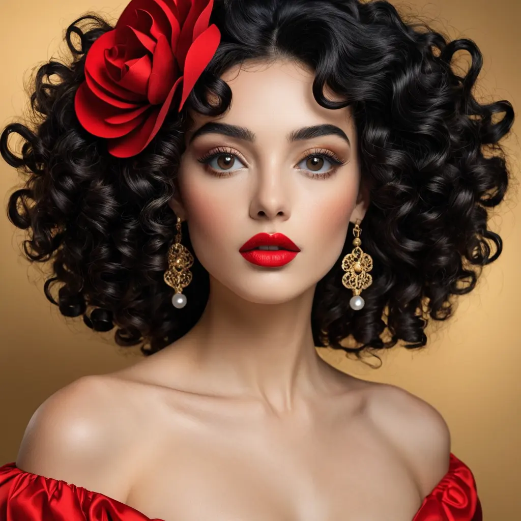 A stunning woman reminiscent of Salvador Dali's 'Gala', with bold red lips and curly black hair, Highly Detailed, Half Body, Gorgeous, Stunning, Elegant