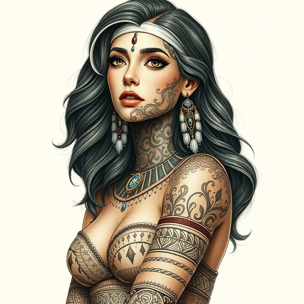 An elegant queen from ancient Egypt with intricate henna tattoos, Highly Detailed, Half Body, Gorgeous, Stunning, Elegant by Stanley Artgerm Lau