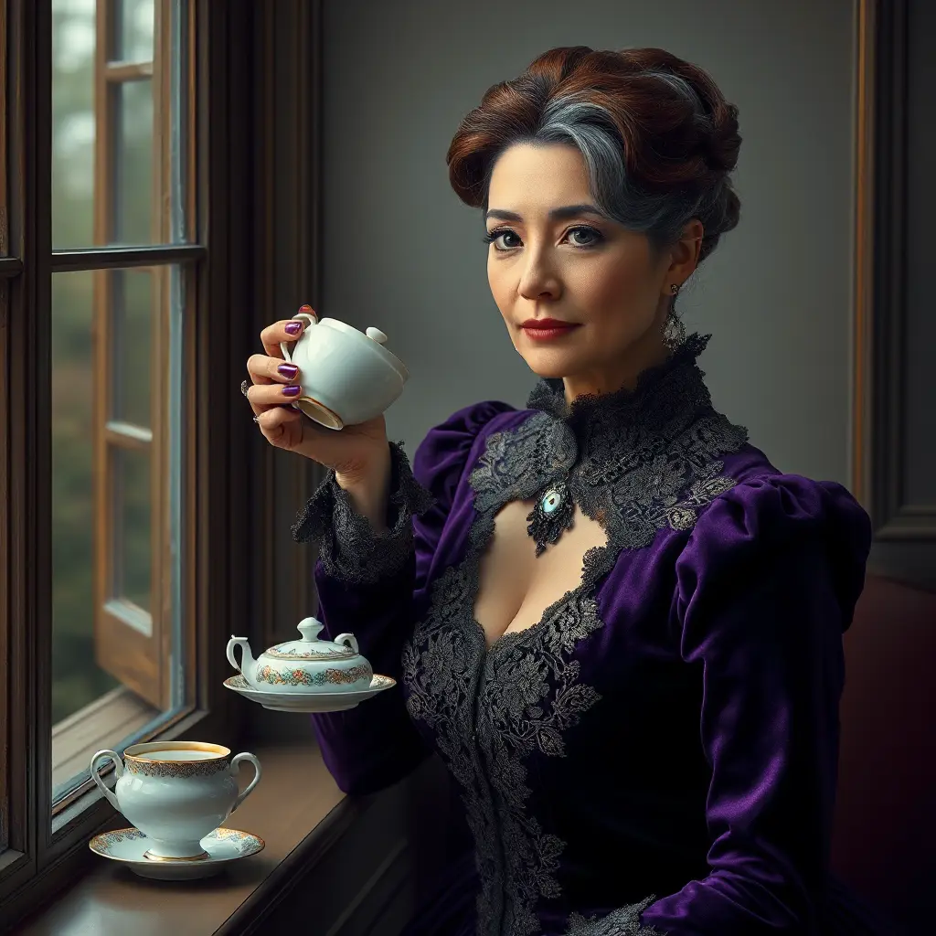 A mature lady with chestnut brown hair streaked with silver, dressed in a rich purple velvet dress adorned with antique lace, sipping tea by an open window, Highly Detailed, Half Body, Gorgeous, Stunning, Elegant by Stanley Artgerm Lau