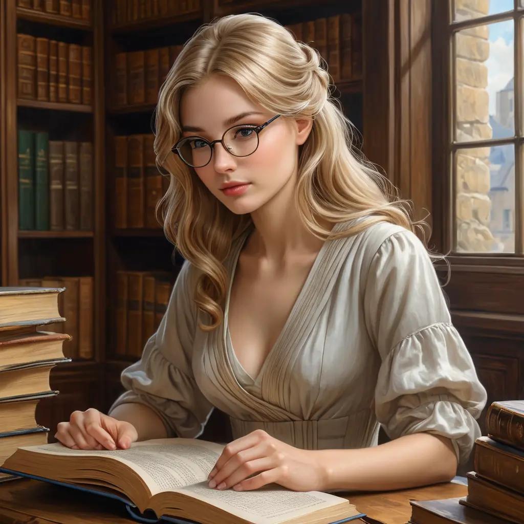 A kind and gentle librarian with a quiet introspection and soft, flaxen hair, surrounded by the musty scent and worn pages of ancient tomes, Highly Detailed, Half Body, Gorgeous, Stunning, Elegant by Stanley Artgerm Lau