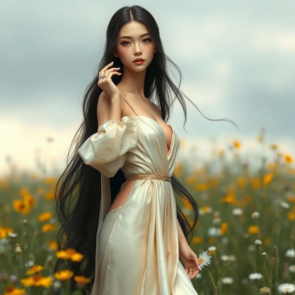 An ethereal beauty with long black hair, dressed in a delicate silk gown adorned with subtle golden accents, standing amidst a field of wildflowers, Highly Detailed, Half Body, Gorgeous, Stunning, Elegant by Stanley Artgerm Lau