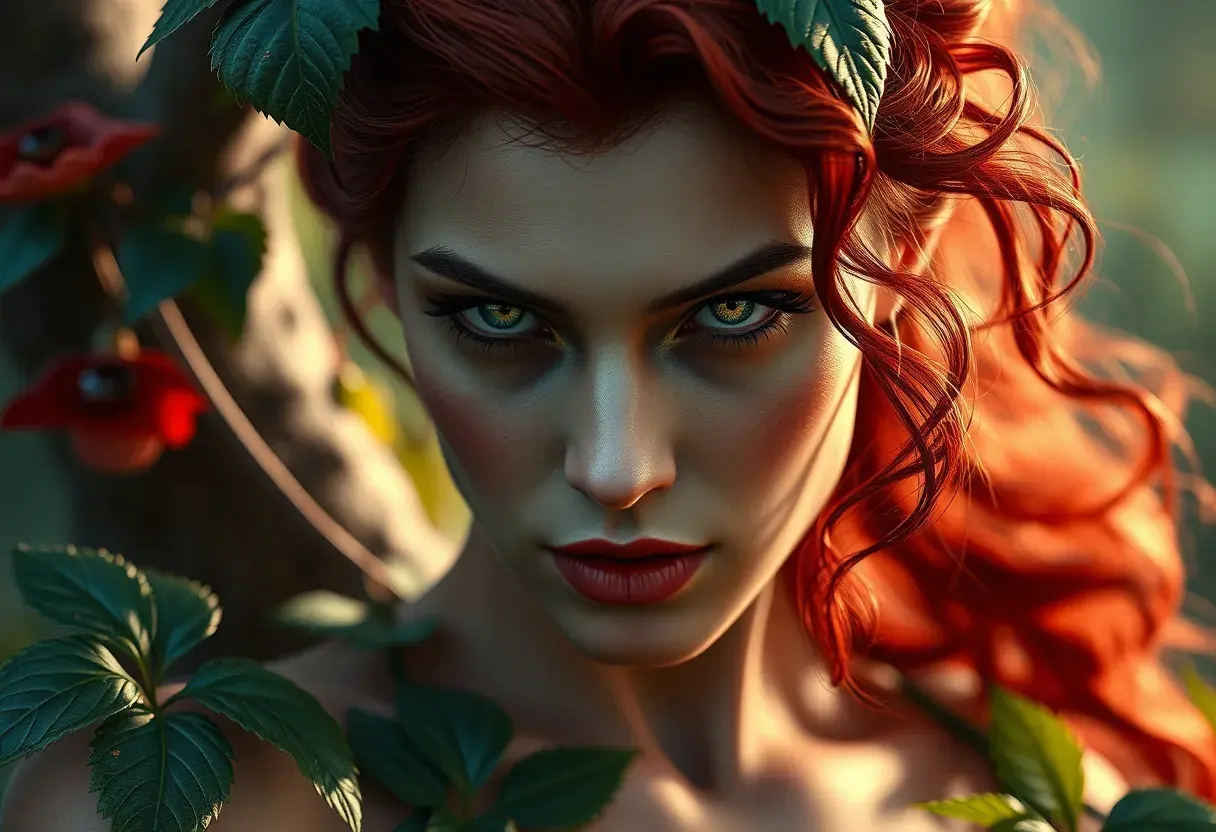 Alluring matte portrait of Poison Ivy in the style of Stefan Kostic, 8k, Highly Detailed, Intricate, Half Body, Matte Painting, Realistic, Sharp Focus, Fantasy by Greg Rutkowski