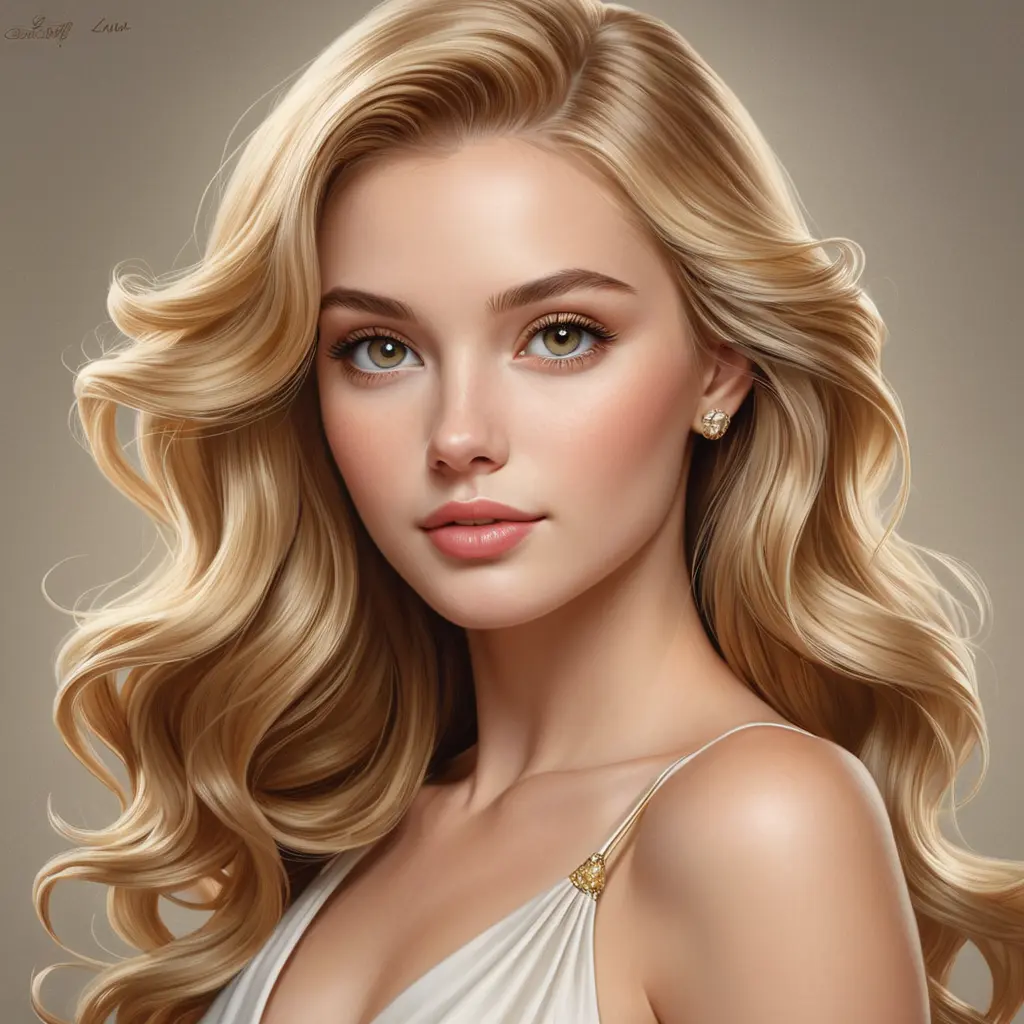 A classically beautiful woman with golden blonde hair, sparkling hazel eyes, and a timeless grace, embodying perfection and beauty, Highly Detailed, Half Body, Gorgeous, Stunning, Elegant by Stanley Artgerm Lau