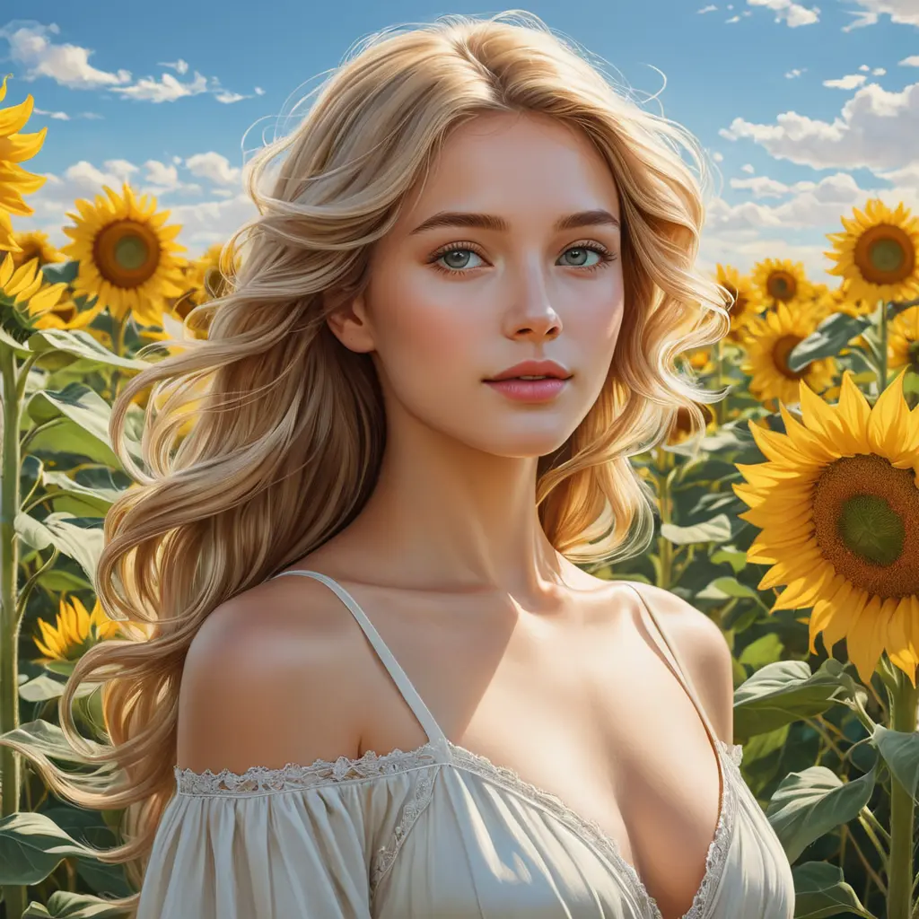 A luminous lady with a serene expression and flaxen hair, standing in a field of sunflowers under a clear sky, Highly Detailed, Half Body, Gorgeous, Stunning, Elegant by Stanley Artgerm Lau