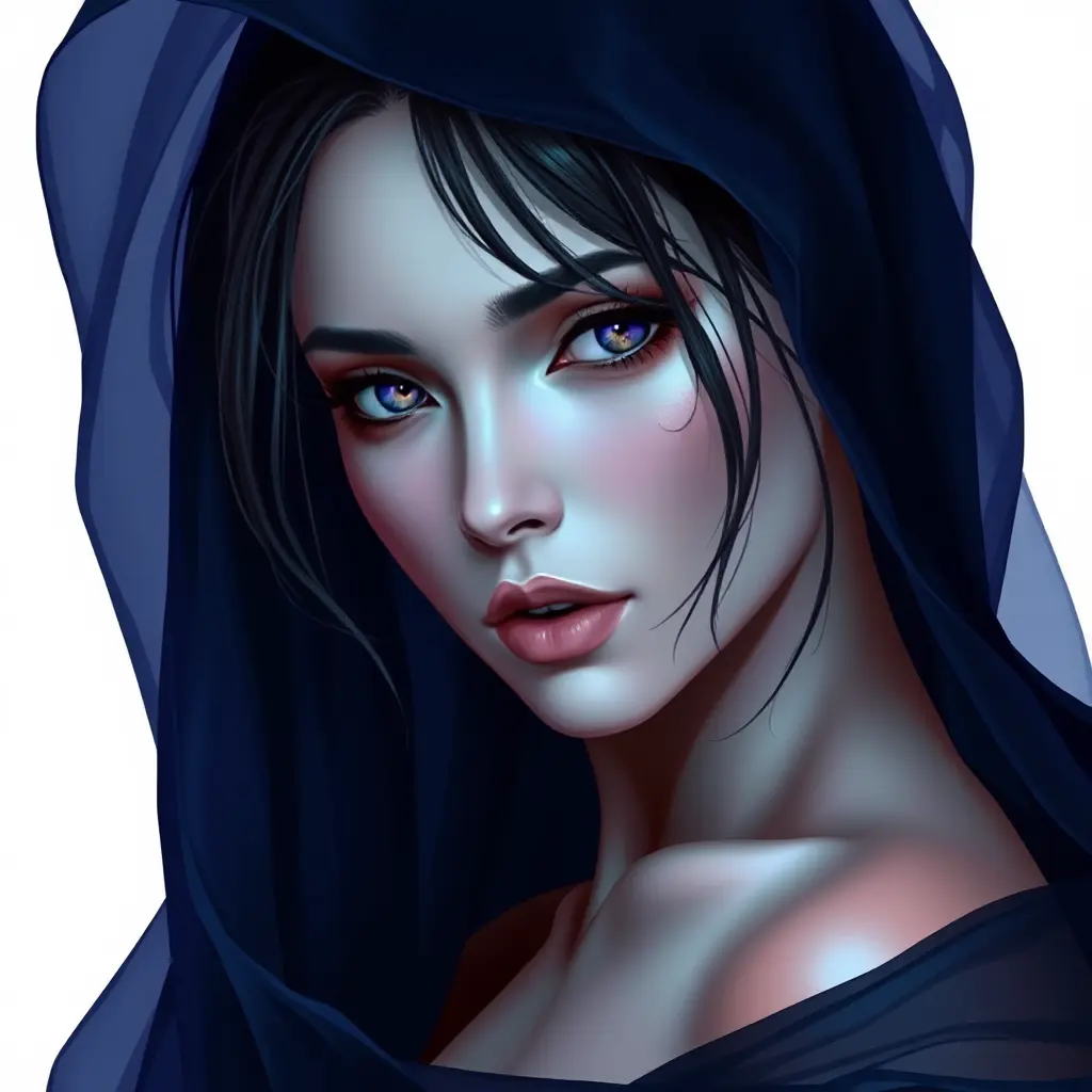 A captivating woman with a mysterious aura and deep violet eyes, draped in a flowing midnight blue gown, Highly Detailed, Half Body, Gorgeous, Stunning, Elegant by Stanley Artgerm Lau