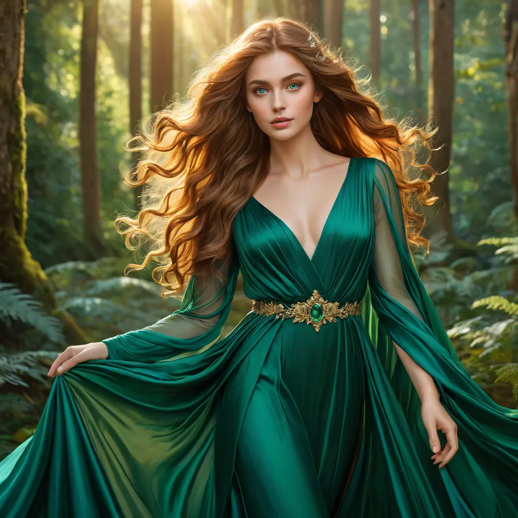 A radiant woman with flowing sun-kissed hair, emerald eyes, and a flowing silk gown, reminiscent of a Pre-Raphaelite masterpiece, in a serene forest at golden hour, Highly Detailed, Half Body, Gorgeous, Stunning, Elegant by Stanley Artgerm Lau