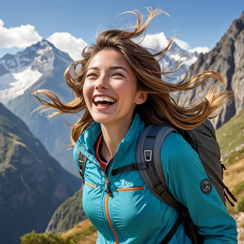 An adventurous explorer woman against a breathtaking mountain backdrop, wearing hiking gear, her joyful laughter echoing through the air, wind tousling her hair and a camera slung around her neck., Highly Detailed, Half Body, Gorgeous, Stunning, Elegant by Stanley Artgerm Lau