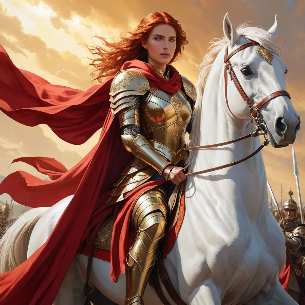 A powerful depiction of a warrior queen with sun-kissed skin and fiery bronze hair, astride a magnificent white steed, leading her army into battle, clad in gleaming armor and a crimson cloak., Highly Detailed, Half Body, Gorgeous, Stunning, Elegant by Stanley Artgerm Lau