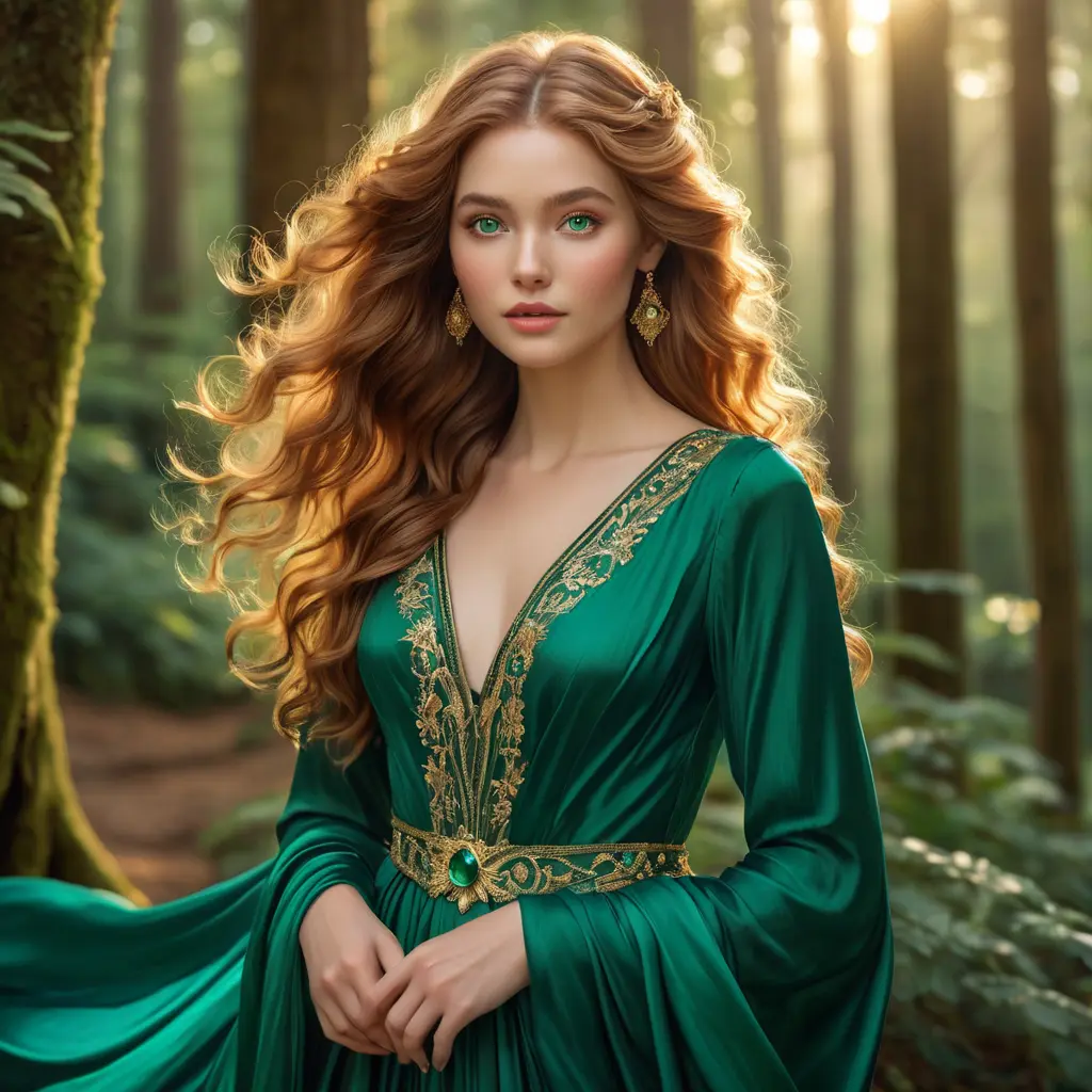 A radiant woman with flowing sun-kissed hair, emerald eyes, and a flowing silk gown, reminiscent of a Pre-Raphaelite masterpiece, in a serene forest at golden hour, Highly Detailed, Half Body, Gorgeous, Stunning, Elegant by Stanley Artgerm Lau