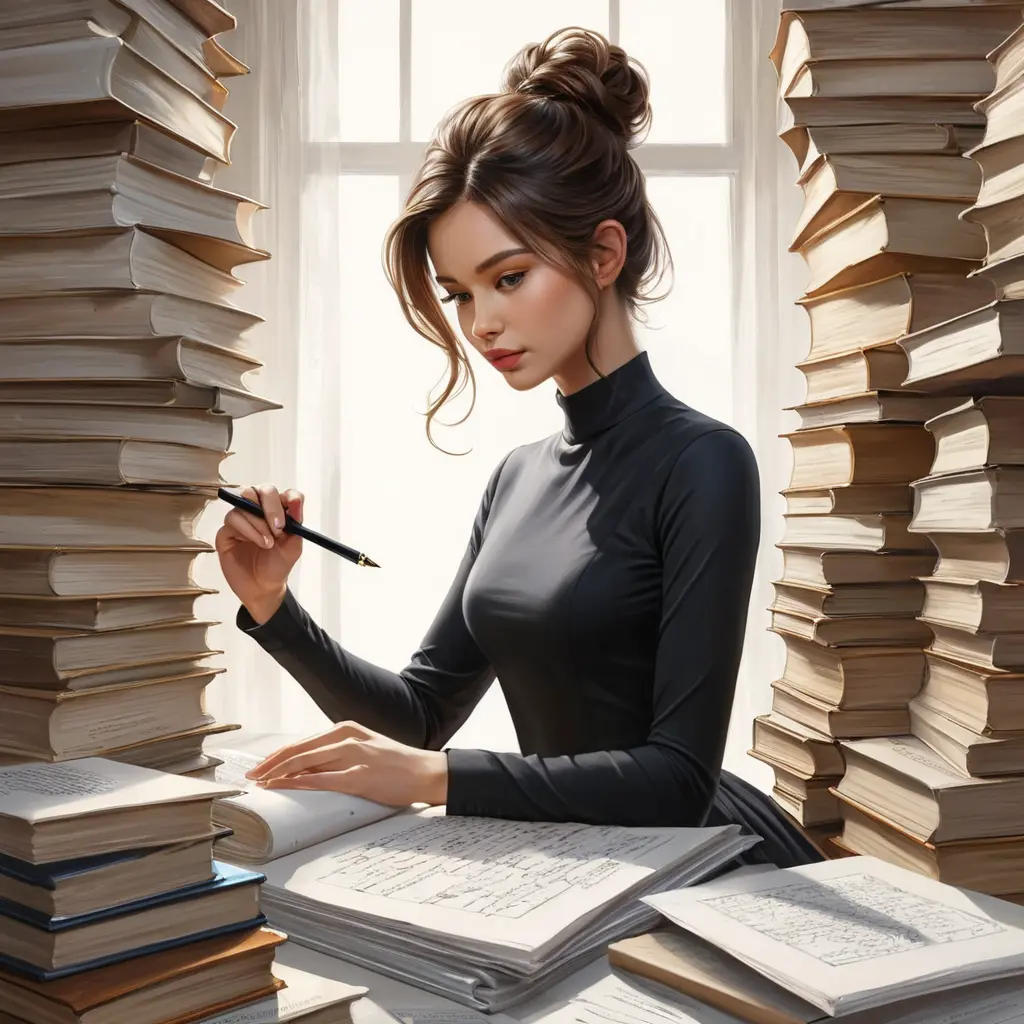 A creative mind, surrounded by stacks of books and papers as she maps out a new story idea, her pen moving swiftly across the page as inspiration strikes., Highly Detailed, Half Body, Gorgeous, Stunning, Elegant by Stanley Artgerm Lau