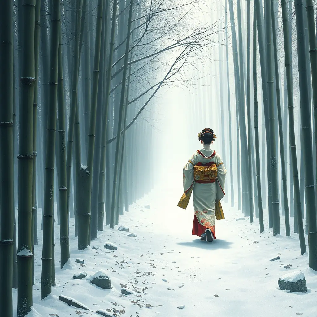 A serene geisha walking alone in a snowy bamboo forest, Highly Detailed, Half Body, Gorgeous, Stunning, Elegant by Stanley Artgerm Lau