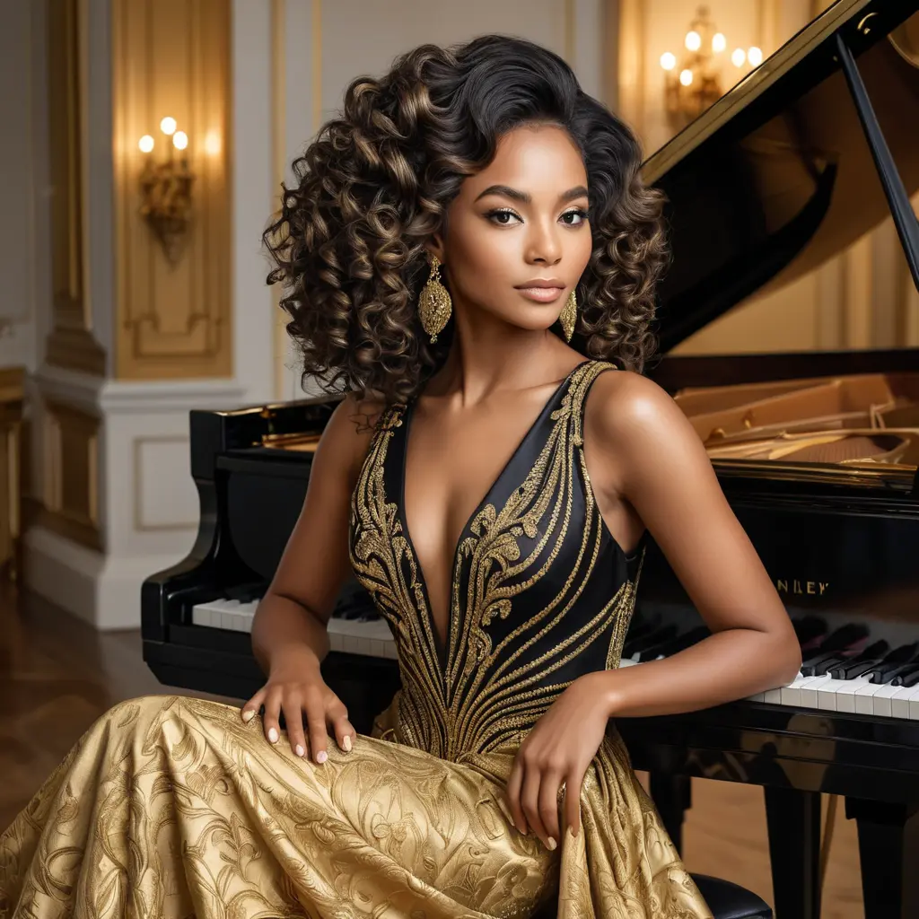 A captivating image of a woman with deep ebony skin and cascading curls, seated confidently at a grand piano, dressed in an opulent gold and black evening gown., Highly Detailed, Half Body, Gorgeous, Stunning, Elegant by Stanley Artgerm Lau