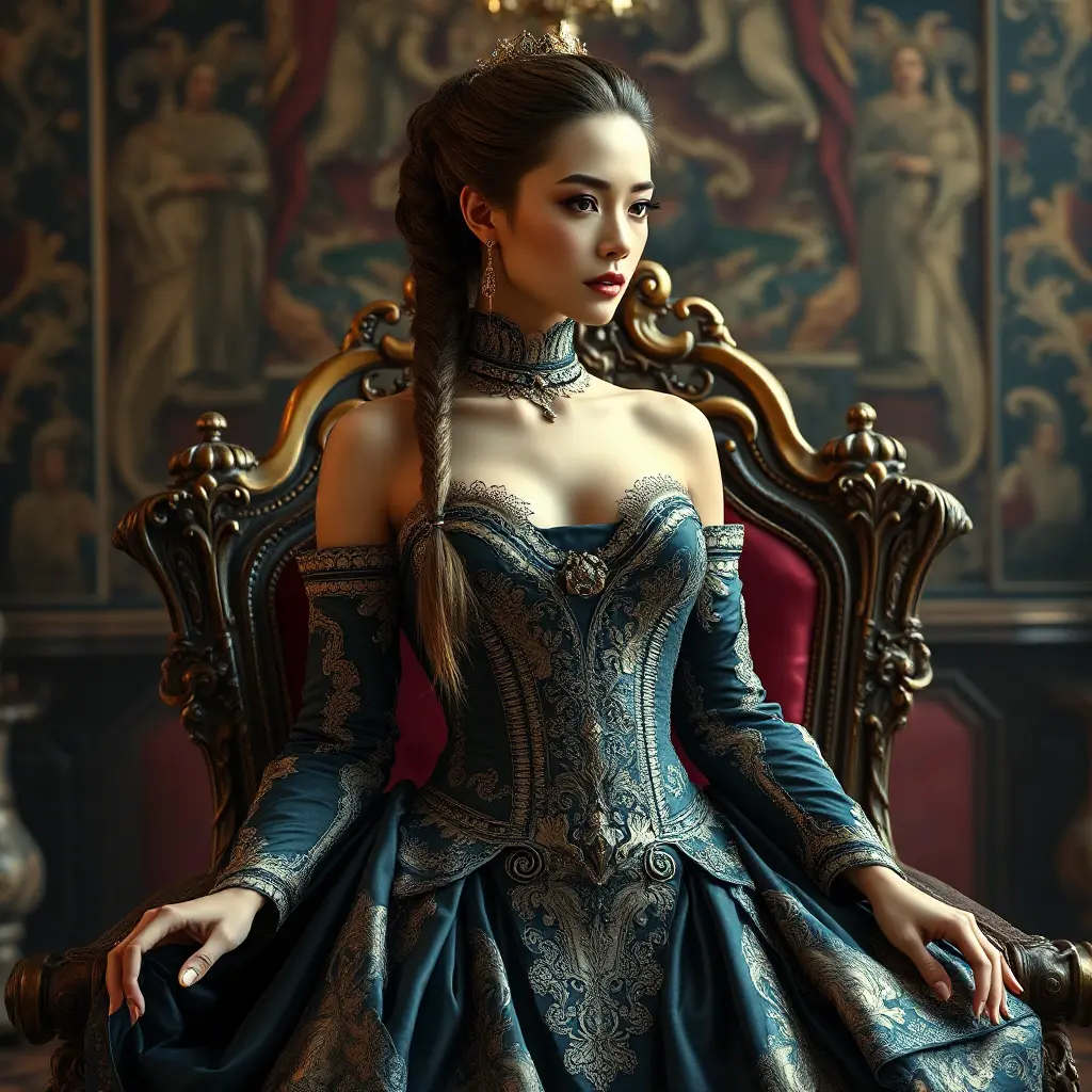 A regal woman with braided updo, wearing an elaborate gown fit for a queen, with gold filigree and rich, deep satin textures, in a grand throne room adorned with tapestries, Highly Detailed, Half Body, Gorgeous, Stunning, Elegant by Stanley Artgerm Lau