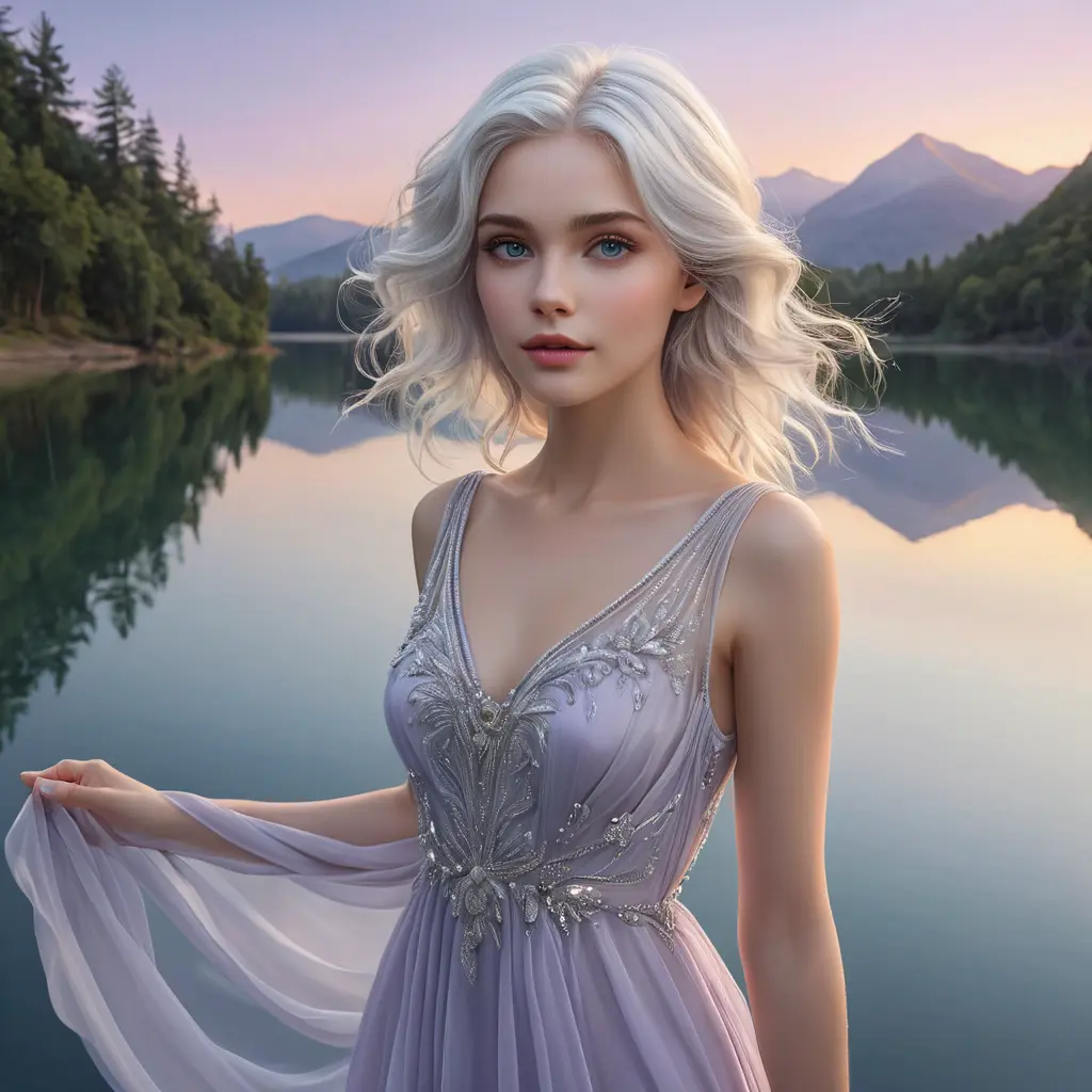 An ethereal woman with silver-white hair, soft violet eyes, and an airy chiffon dress, floating gracefully above a tranquil, mirror-like lake at twilight, Highly Detailed, Half Body, Gorgeous, Stunning, Elegant by Stanley Artgerm Lau