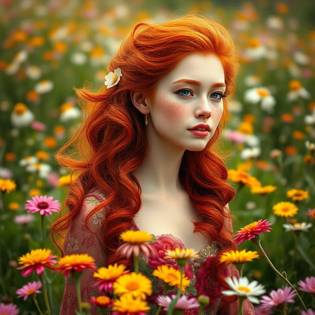 A vibrant woman with a cascade of fiery red curls, freckles, and a bohemian dress with floral patterns, amidst a field of blooming wildflowers at the peak of spring, Highly Detailed, Half Body, Gorgeous, Stunning, Elegant by Stanley Artgerm Lau