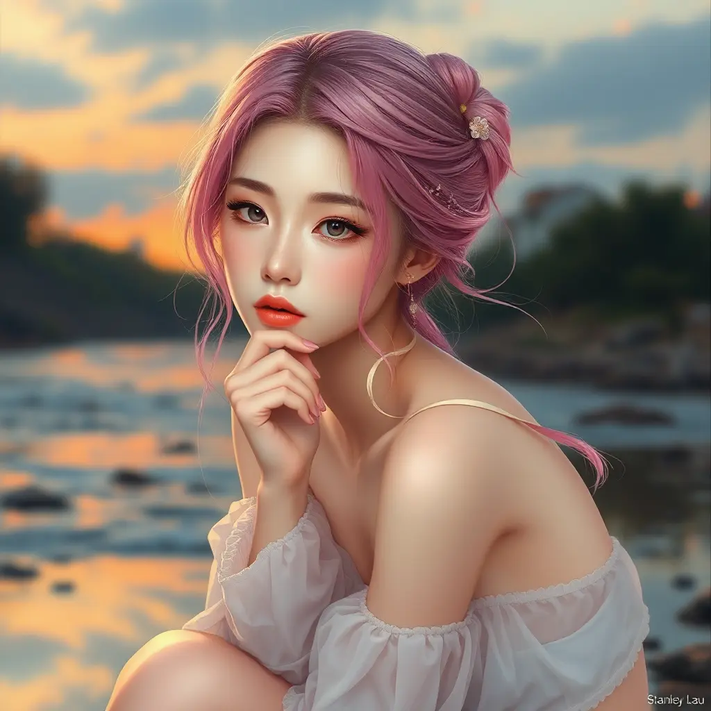 A delicate woman with a tranquil gaze and soft pink hair, seated beside a gently flowing river at dusk, Highly Detailed, Half Body, Gorgeous, Stunning, Elegant by Stanley Artgerm Lau