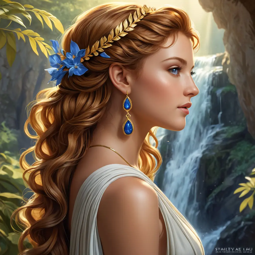 A radiant goddess from ancient Greece, adorned with golden laurels and sapphires, her tawny tresses cascading down her back like a waterfall., Highly Detailed, Half Body, Gorgeous, Stunning, Elegant by Stanley Artgerm Lau