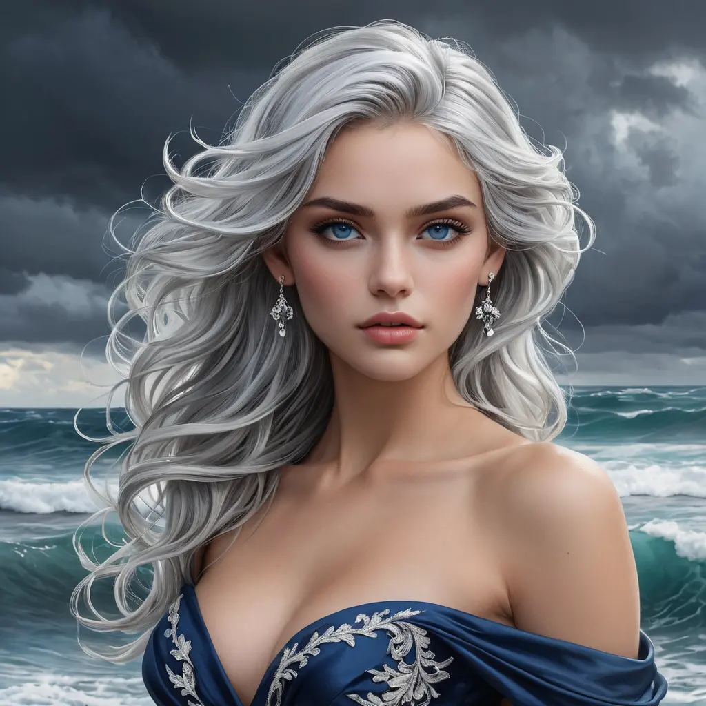 A poised beauty with piercing sapphire eyes and silver hair, standing against a backdrop of a stormy sea, Highly Detailed, Half Body, Gorgeous, Stunning, Elegant by Stanley Artgerm Lau