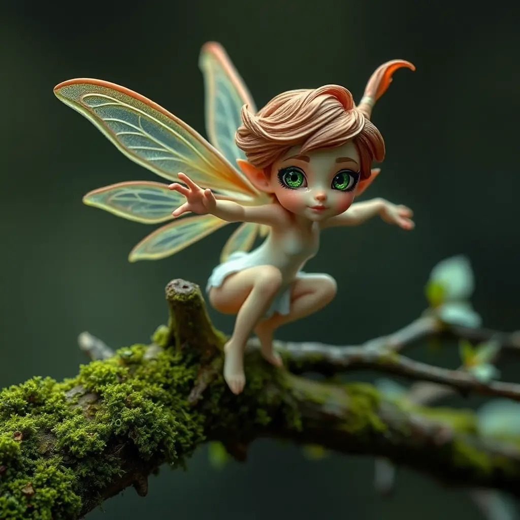 a mischievous fairy with delicate wings and sparkling emerald eyes, perched on a mossy branch, Highly Detailed, Half Body, Gorgeous, Stunning, Elegant by Stanley Artgerm Lau