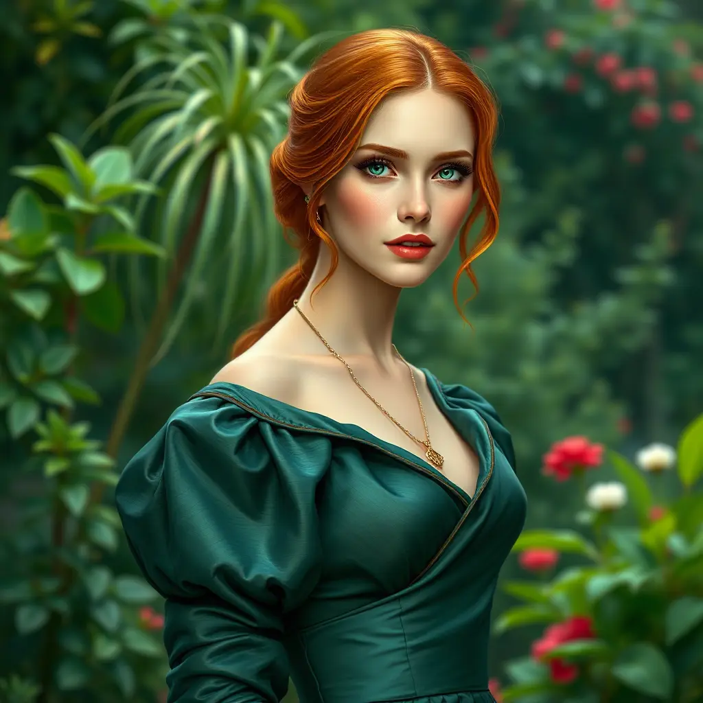 A vibrant Renaissance-style portrait of a woman with fiery red hair and emerald green eyes, wearing an elegant silk gown, set against a lush garden backdrop., Highly Detailed, Half Body, Gorgeous, Stunning, Elegant by Stanley Artgerm Lau