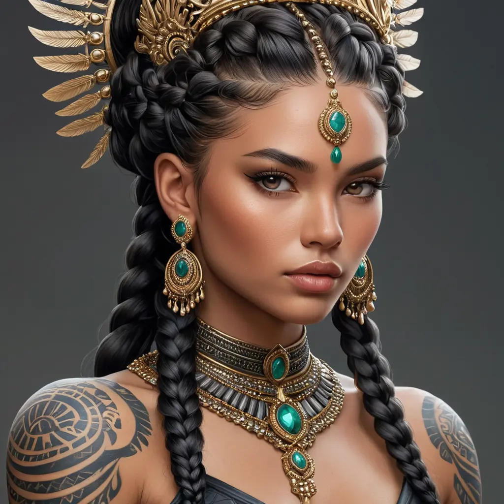 a fierce warrior queen with intricate tattoos and braided hair adorned with beads, her gaze commanding respect, Highly Detailed, Half Body, Gorgeous, Stunning, Elegant by Stanley Artgerm Lau