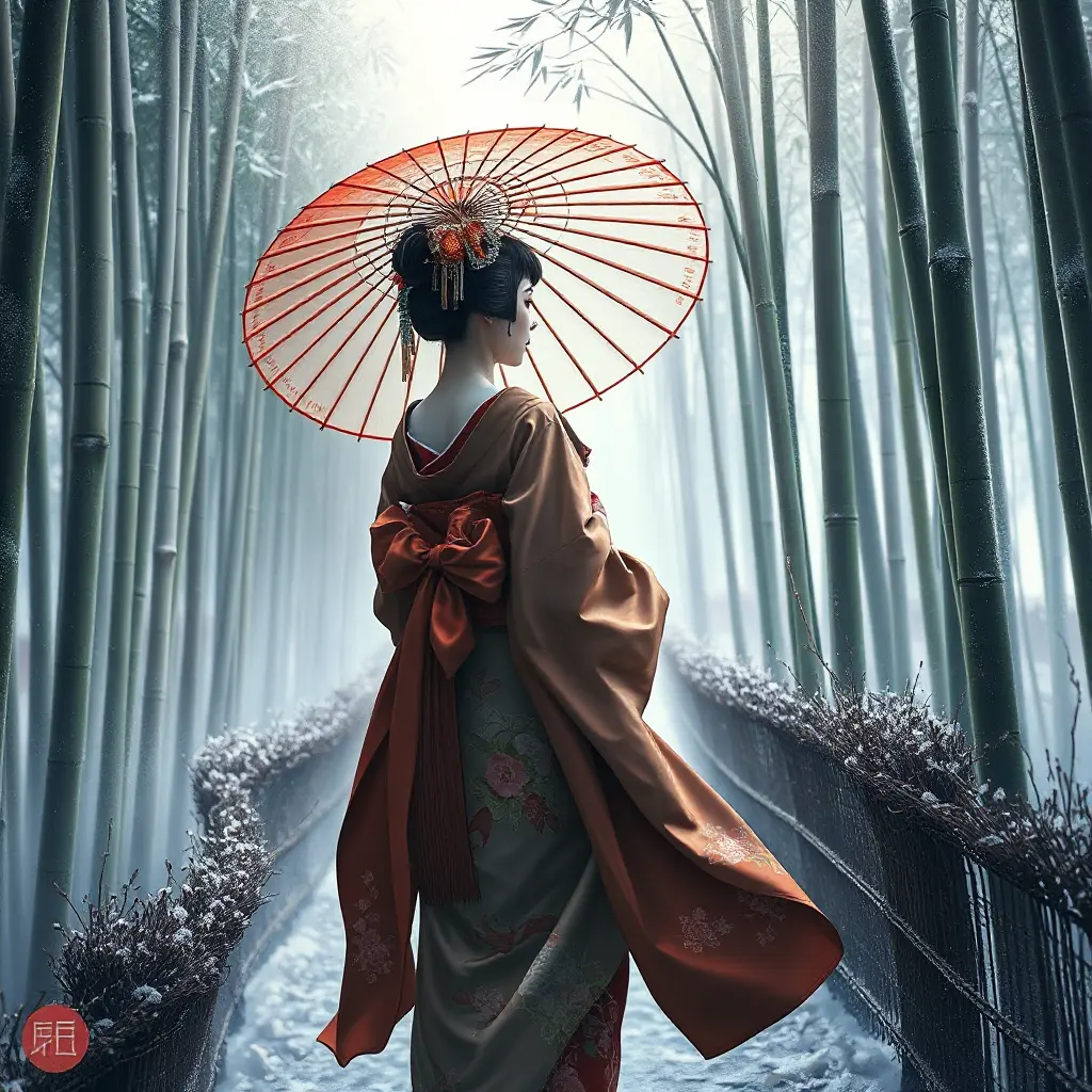 A serene geisha walking alone in a snowy bamboo forest, Highly Detailed, Half Body, Gorgeous, Stunning, Elegant by Stanley Artgerm Lau