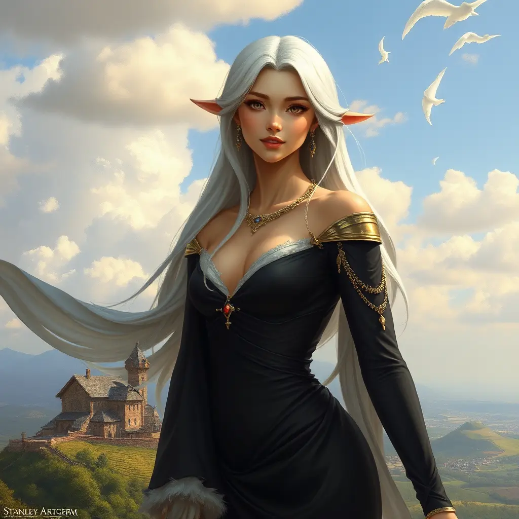 A majestic lady with an enigmatic smile and platinum hair, standing atop a hill overlooking a picturesque village, Highly Detailed, Half Body, Gorgeous, Stunning, Elegant by Stanley Artgerm Lau