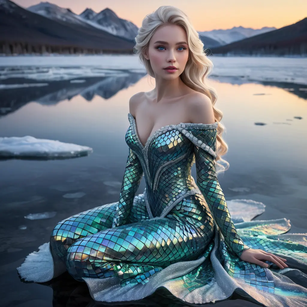 An enchanting portrayal of a woman with porcelain skin and ice-blonde hair, seated at the edge of a frozen lake, wearing a shimmering gown made from thousands of iridescent scales, reflecting the Northern Lights above., Highly Detailed, Half Body, Gorgeous, Stunning, Elegant by Stanley Artgerm Lau