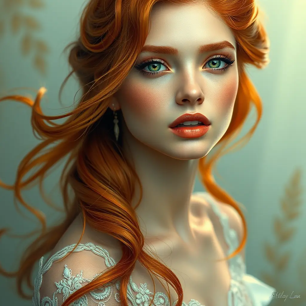 A breathtakingly beautiful woman with flowing auburn hair, emerald eyes, and a delicate porcelain complexion, ethereal and otherworldly, Highly Detailed, Half Body, Gorgeous, Stunning, Elegant by Stanley Artgerm Lau